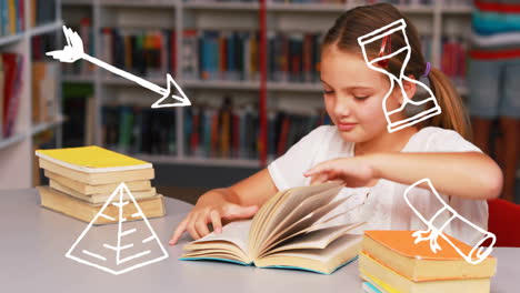 reading book, girl surrounded by educational symbols animation in library