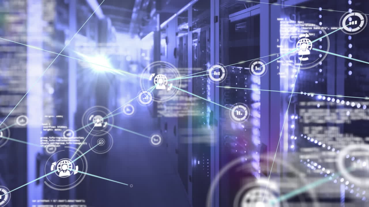 Animation of network of connections with icons over computer servers
