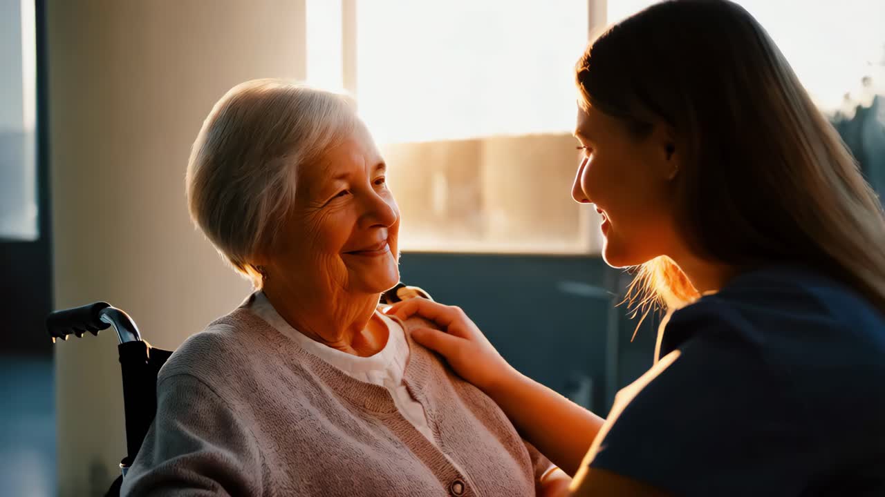 Venlig sygeplejerske besøger ældre patient