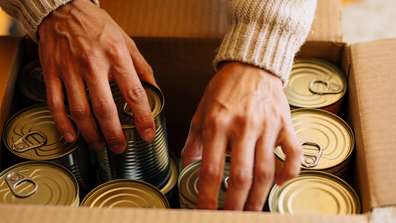 Opening box, sweatered hands inspecting and aligning cans on table for neat rows, nutrition label