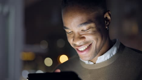 Happy,-tablet-and-business-black-man-at-night