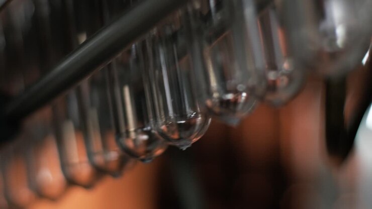 Automatic filling machine pours water into plastic PET bottles at modern beverage plant
