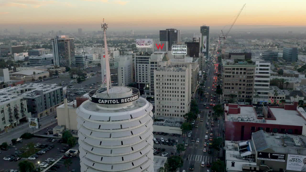 Aerial view of Capitol Records building in Hollywood, Los Angeles