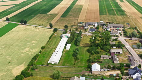 green fields, poultry farm, farm house and the village in daytime. - aerial shot