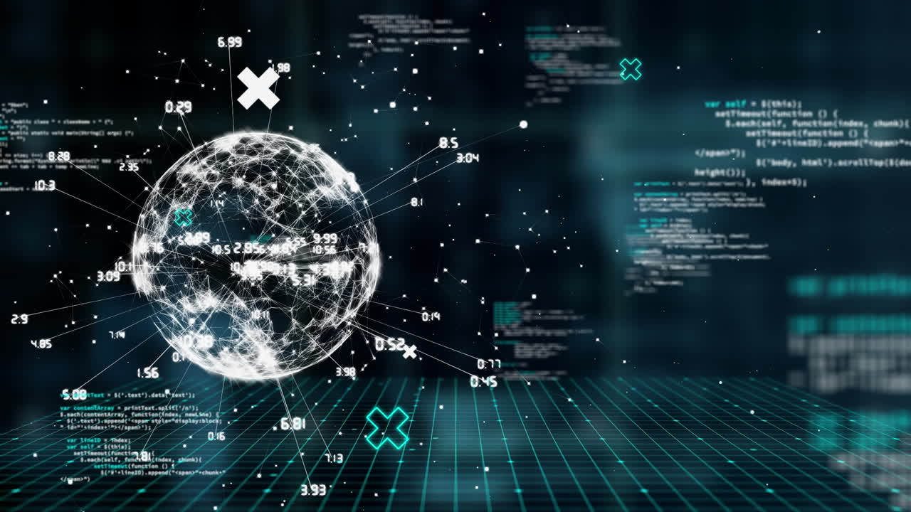 Animation of data processing and globe on black background