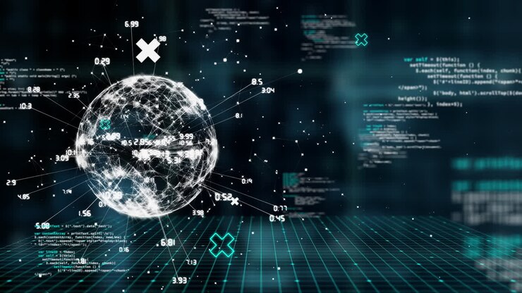 Animation of data processing and globe on black background
