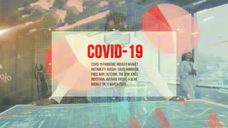 animation of covid 19 text with information and data processing over man in vr headset in office