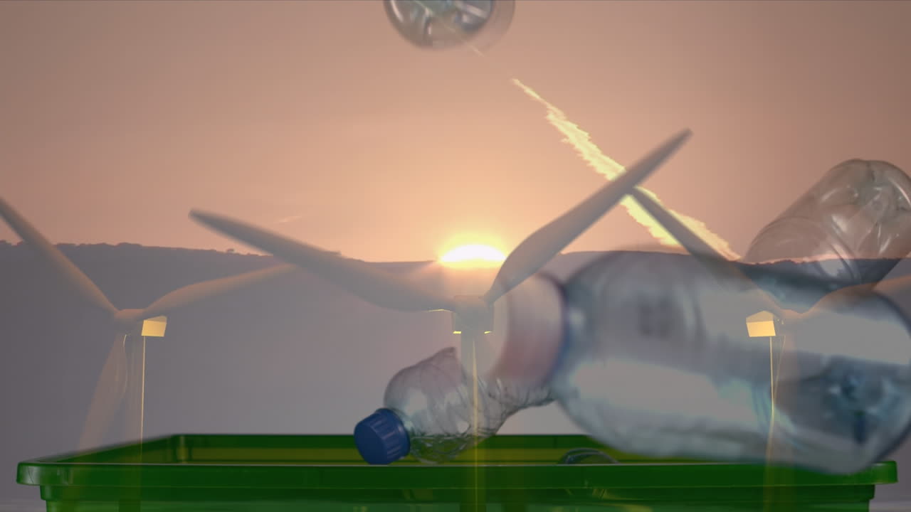 플라스틱 상자 와 풍력 터빈 과 함께 녹색 재활용 표지판 상자 의 애니메이션