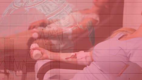 피를 기증하는 사람들과 미국 달러 지폐의 세계에 대한 금융 데이터 처리 애니메이션