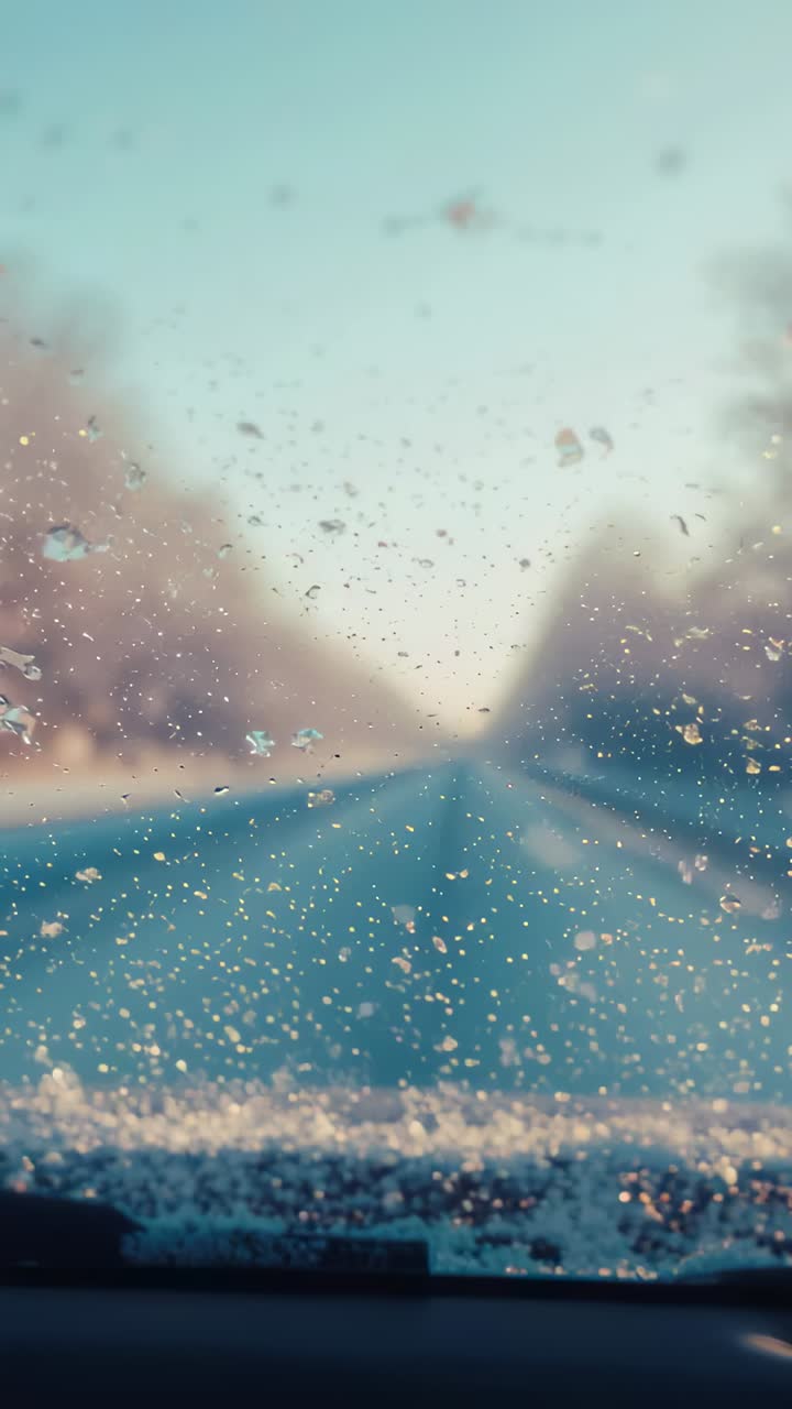 Vertical video: Spotting frost, wiper blade sweeping windshield from car clearing snowy road view