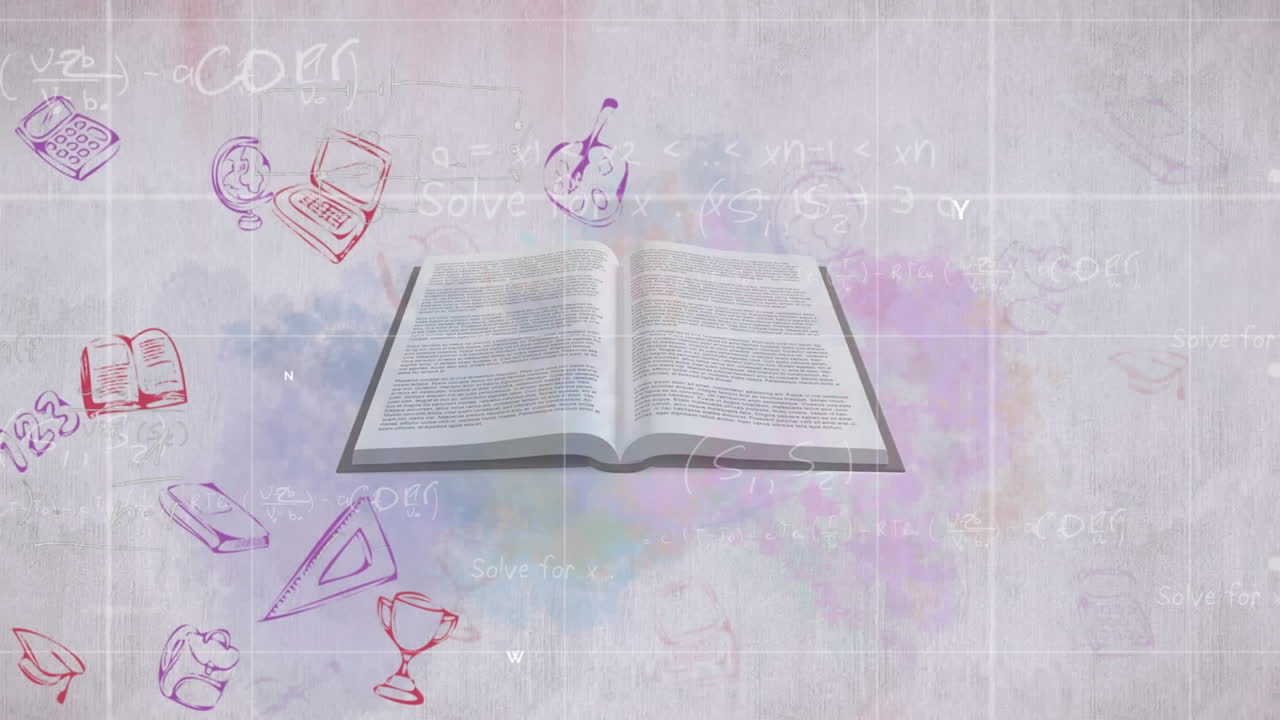 Animazione di icone scolastiche con spazio per il testo e un libro su sfondo bianco