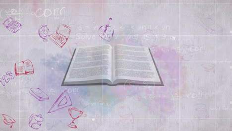 animación de iconos escolares con espacio de copia y libro sobre fondo blanco