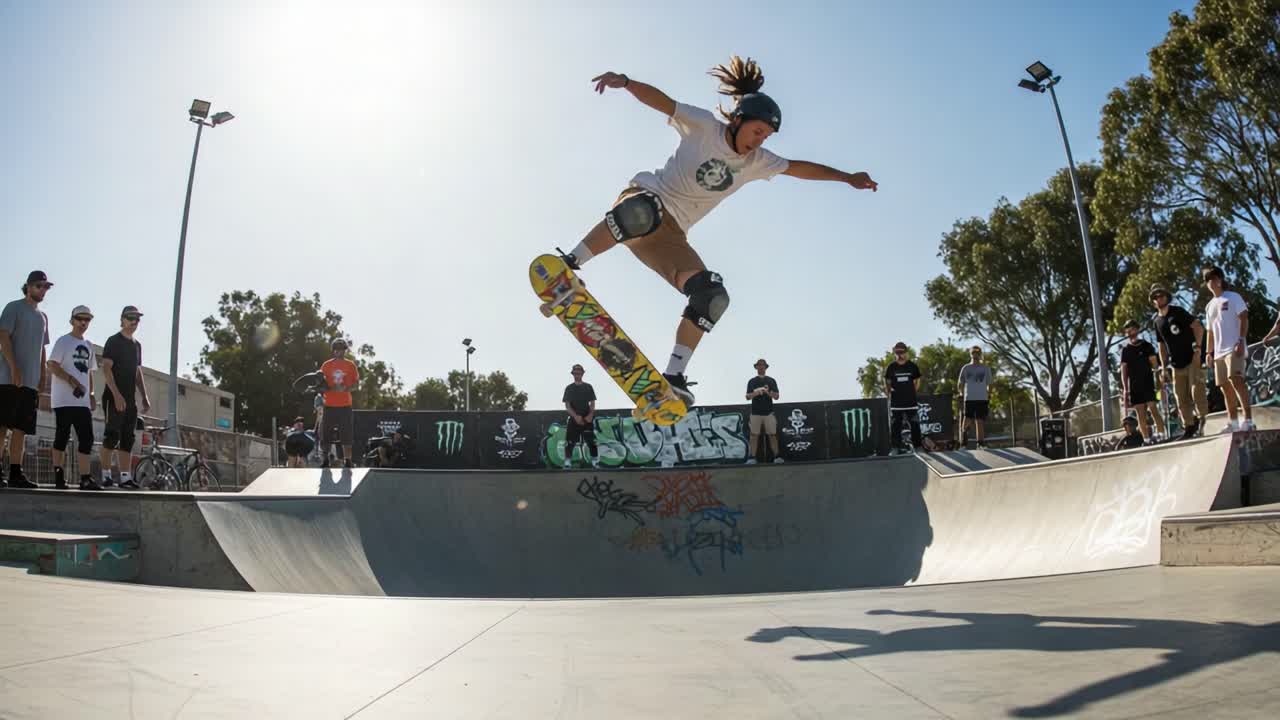 Dynamic Skateboarding Showcase: A Skater Executes a Stylish Trick in a Bustling Skate Park Environment, Capturing the Energy and Passion of the Sport