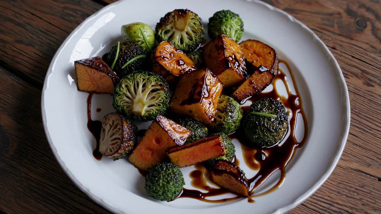 Top-down view of a gourmet dish with roasted vegetables and balsamic glaze, styled for a cooking