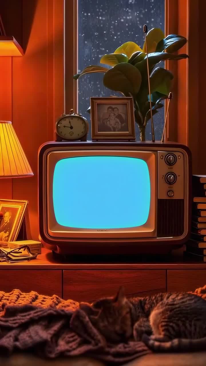 Televisore vintage con schermo verde in una stanza accogliente, gatto che dorme