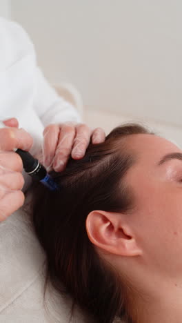 trichologist doing woman hair regeneration procedure dermapen microneedling vitamin injections