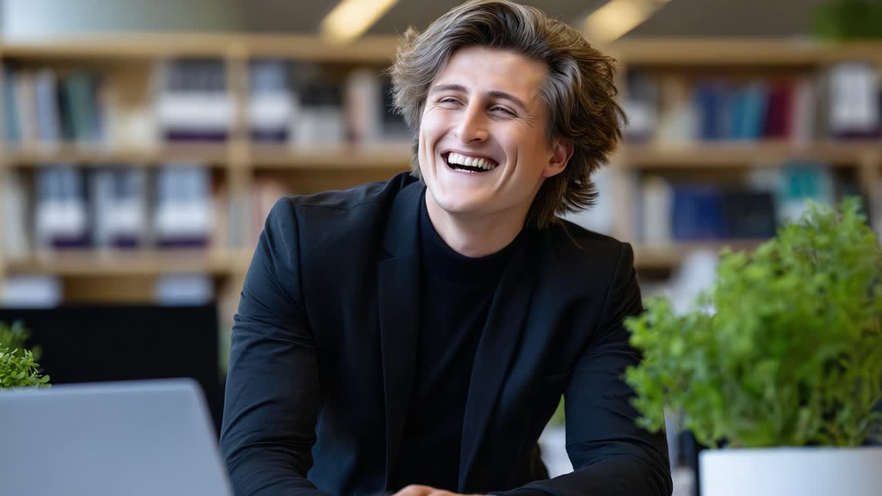 Un giovane uomo in abito nero seduto a una scrivania con un laptop, che ride gioiosamente tra la vegetazione interna, rappresentando professionalità e positività in un ambiente di lavoro moderno