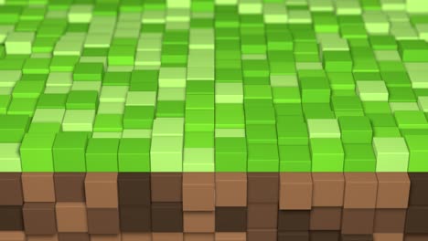 3d cubos abstractos bucle. videojuego isométrico patrón de ondas de mosaico geométrico. construcción de paisajes de colinas utilizando bloques de hierba marrón y verde. animación 4k