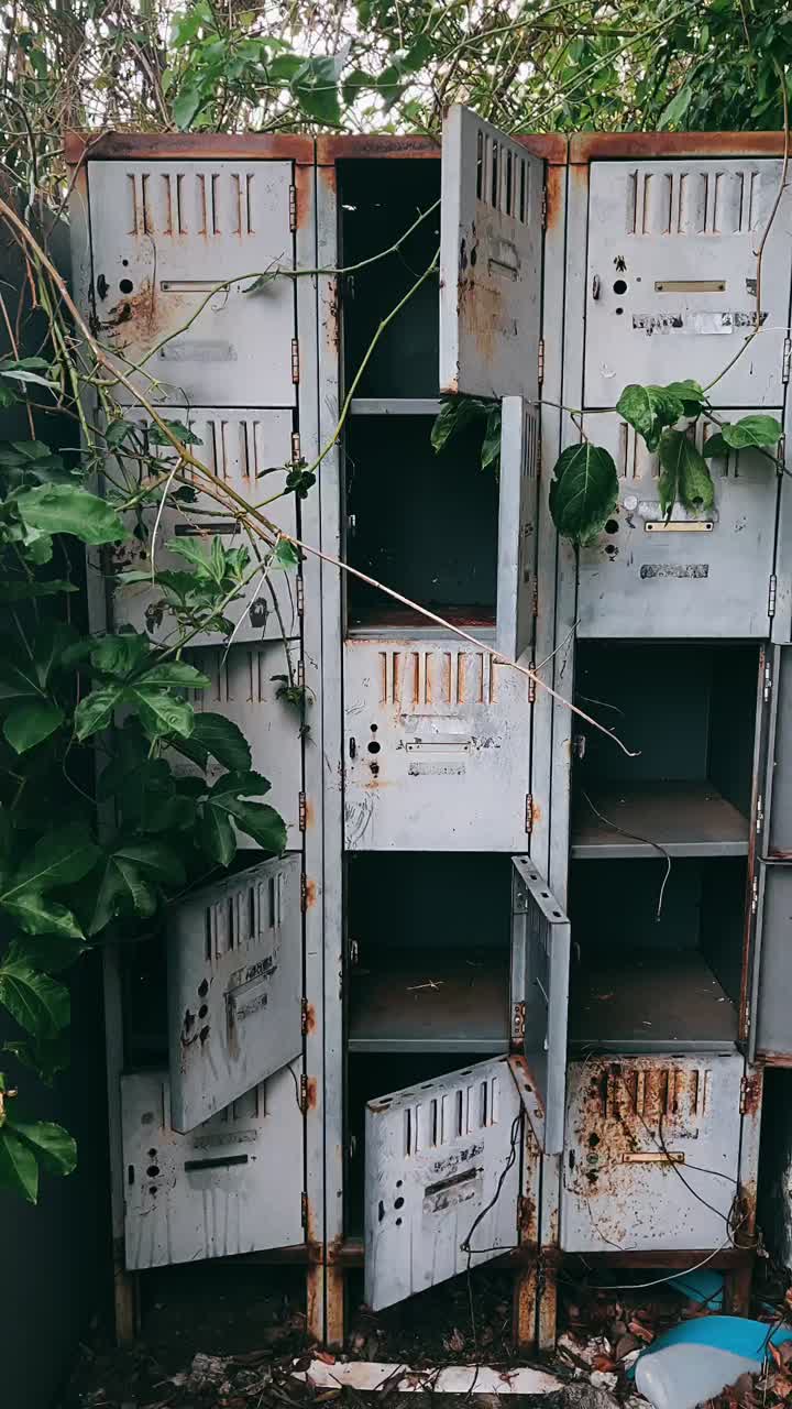 armarios metálicos abandonados y cubiertos de vegetación