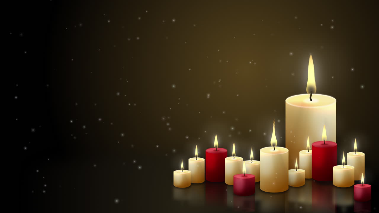 Candle lights of different sizes in the corner on dark background. Looped animation. Red and yellow wax candles on the table.