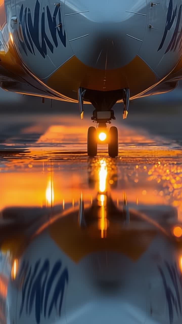 Una Vista Mozzafiato del Carrello di Atterraggio di un Aereo che Riflette i Colori Vibranti del Tramonto, Mettendo in Mostra la Bellezza dell'Aviazione e l'Arte della Natura in Perfetta Armonia