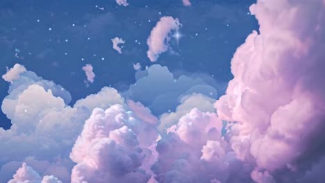 dreamy, animated sky with fluffy clouds and twinkling stars. aerial view creates a serene, magical