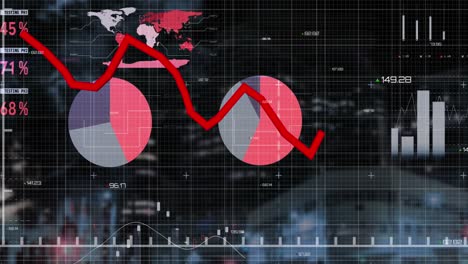 animation of multiple graph over infographic interface against low angle view illuminated buildings