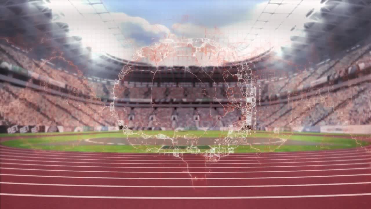 animación del cerebro humano sobre un estadio deportivo vacío