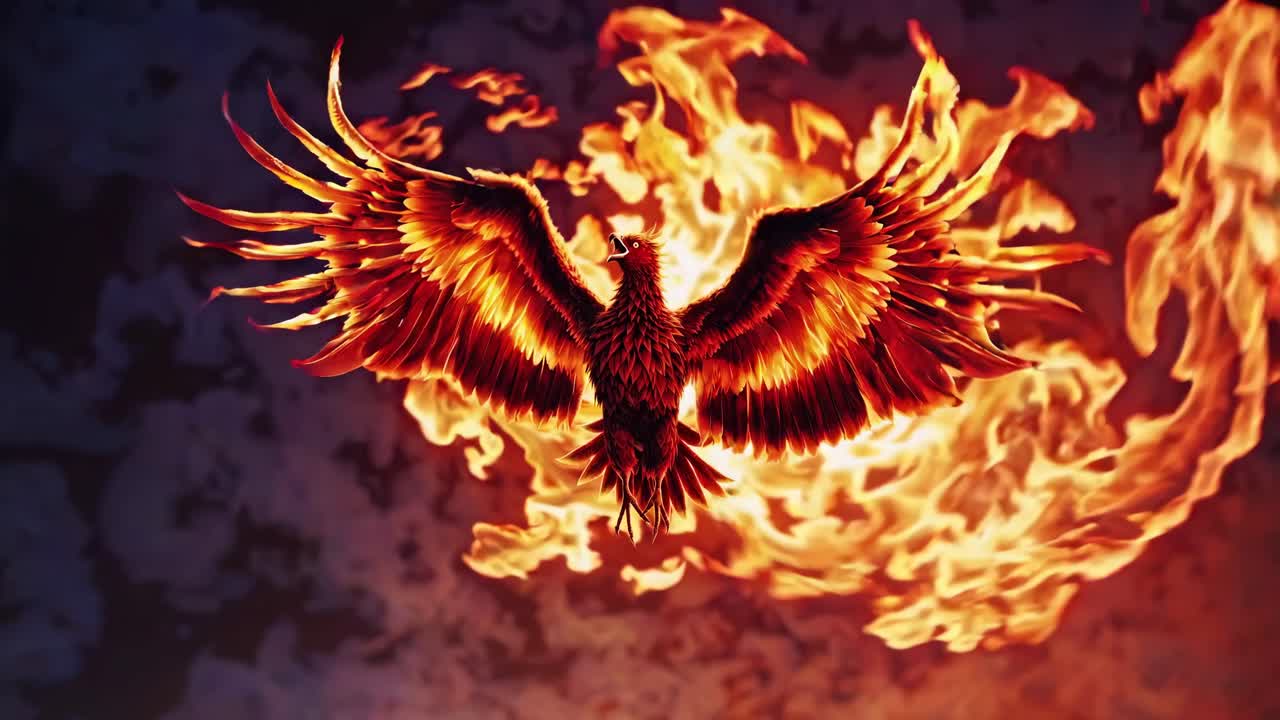 Una fenice infuocata con le ali spiegate risorge dalle fiamme. Il video la riprende da una angolazione bassa.