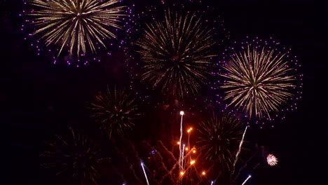 multiple fireworks burst in multiple colors in the night sky