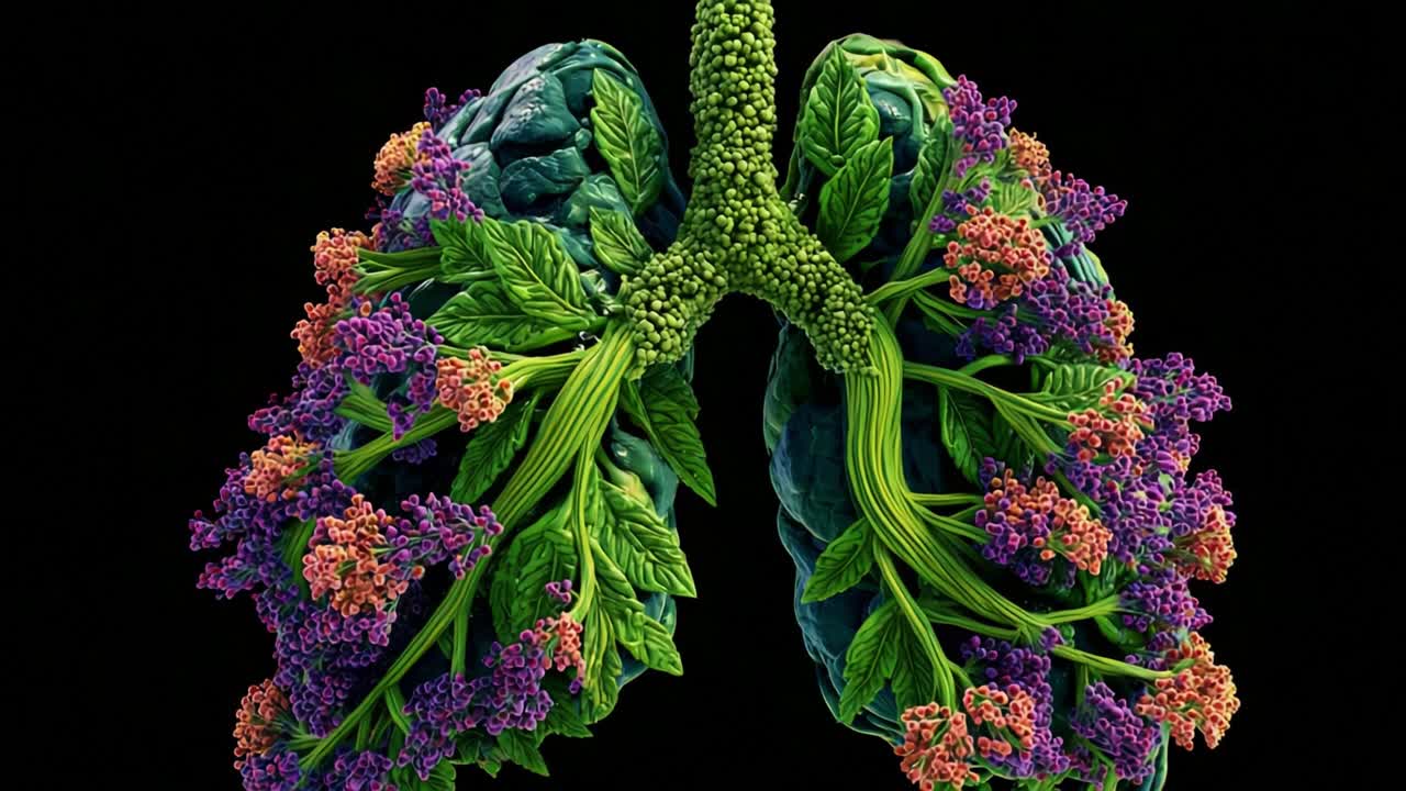 An Artistic Representation of Lungs Adorned with Vibrant Flora, Merging Anatomy and Nature in a Captivating Visual Harmony Demonstrating the Interconnectedness of Life Forms