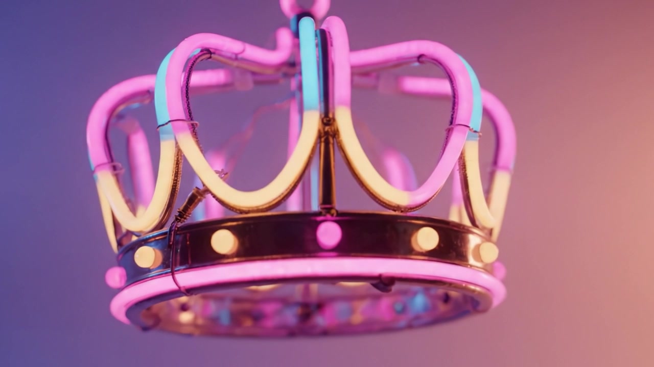 Una vibrante corona al neon con luci brillanti, che mostra un design maestoso e una squisita palette di colori in un'esposizione artistica di arredamento moderno