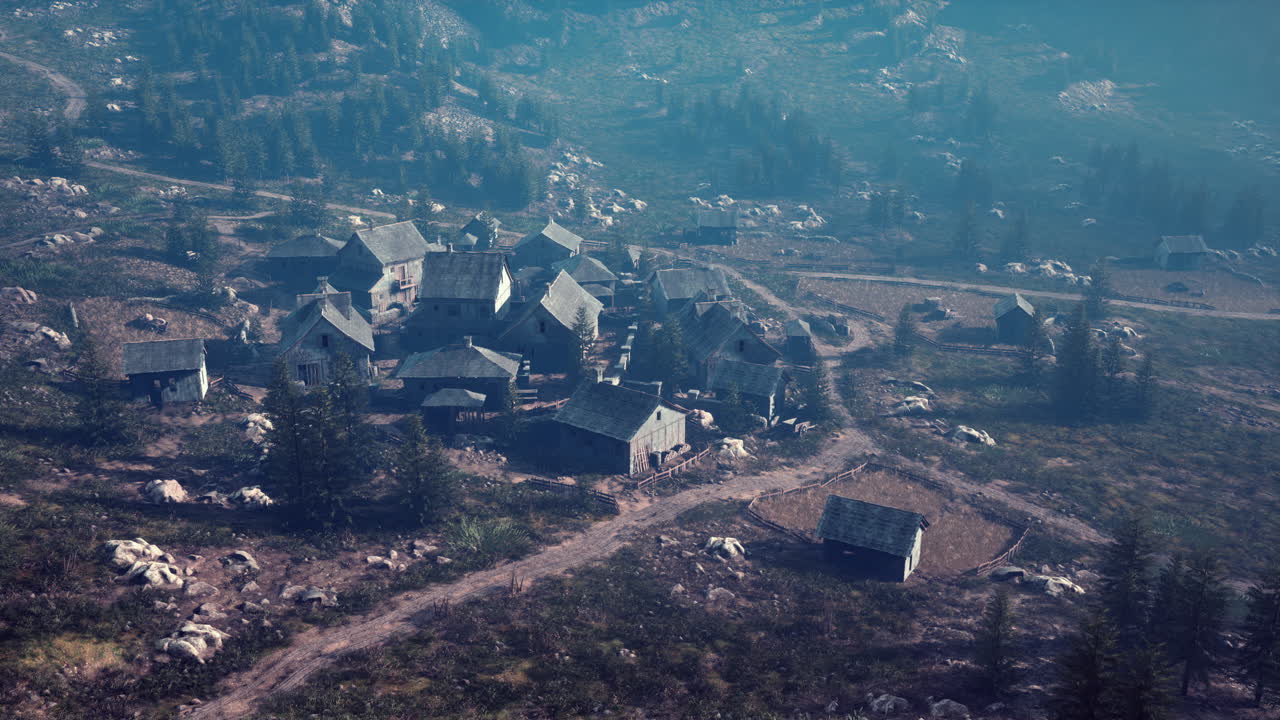 바위 산의 배경에 있는 오래된 나무 마을