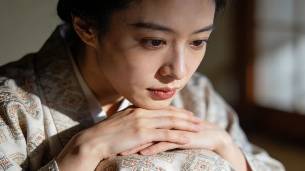 着物を着た女性が、障子から漏れる光が揺れ瞬く中で、クッションに手を置き、身を乗り出して考えている。