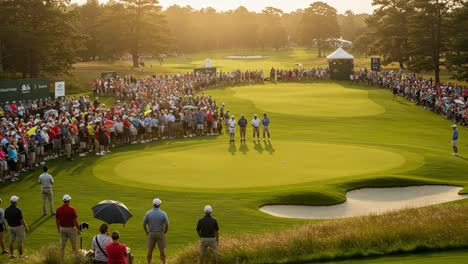 spectators gather to witness exciting golf tournament under the golden sunset, capturing the thrill of competition and community spirit on the green