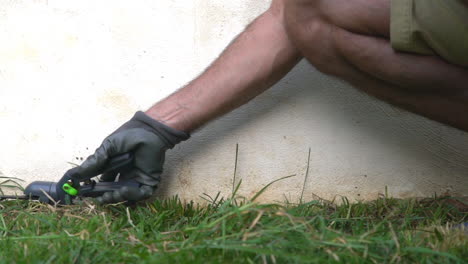 imágenes de un jardinero caucásico, recortando hierba con alicates de tijera, fondo de pared blanca de 120 fps, plano medio