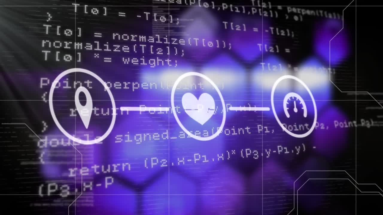 검은 바탕에 보라색 화학 구조 위에 의료 아이콘과 데이터 처리가 있습니다.