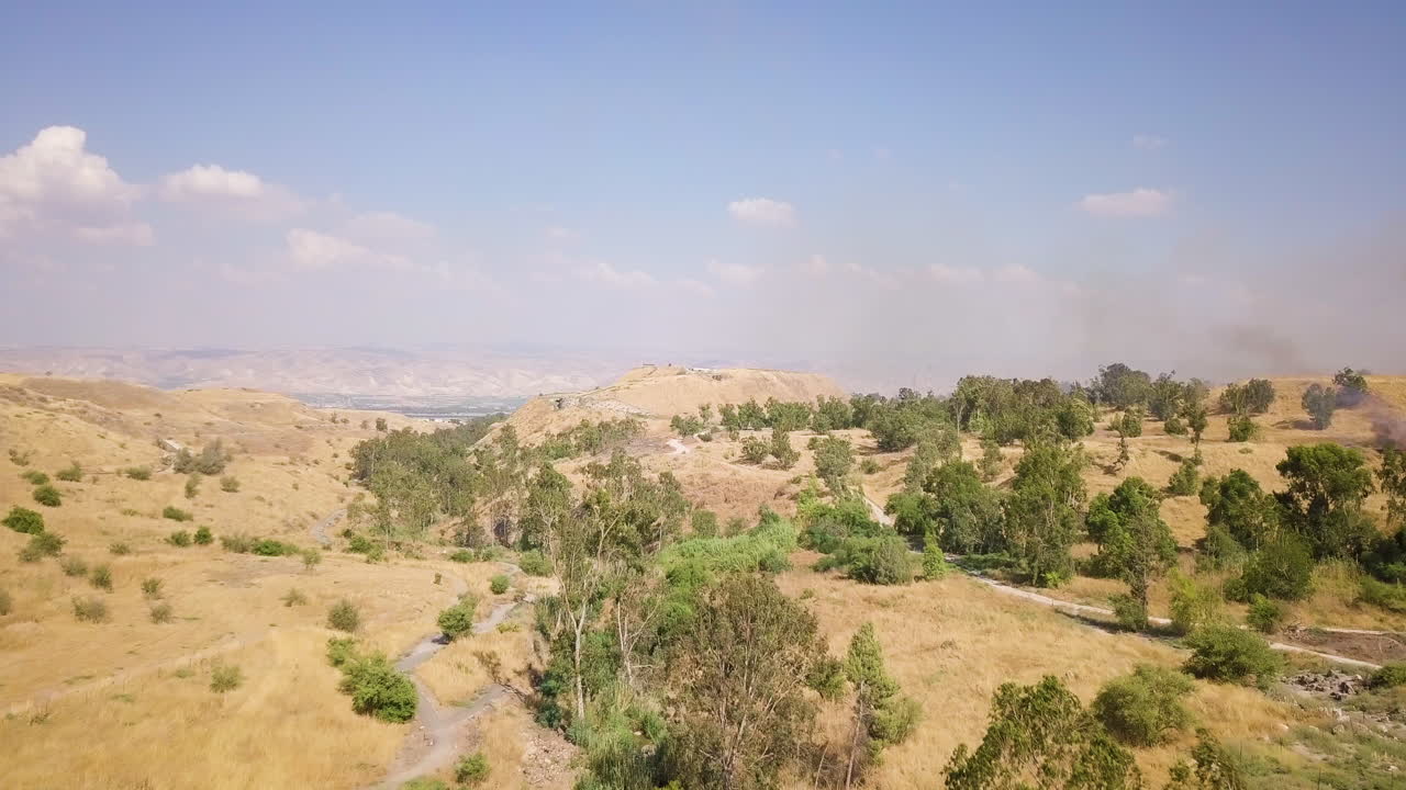 Ripresa aerea di un incendio boschivo nel nord di Israele durante l'estate 2002