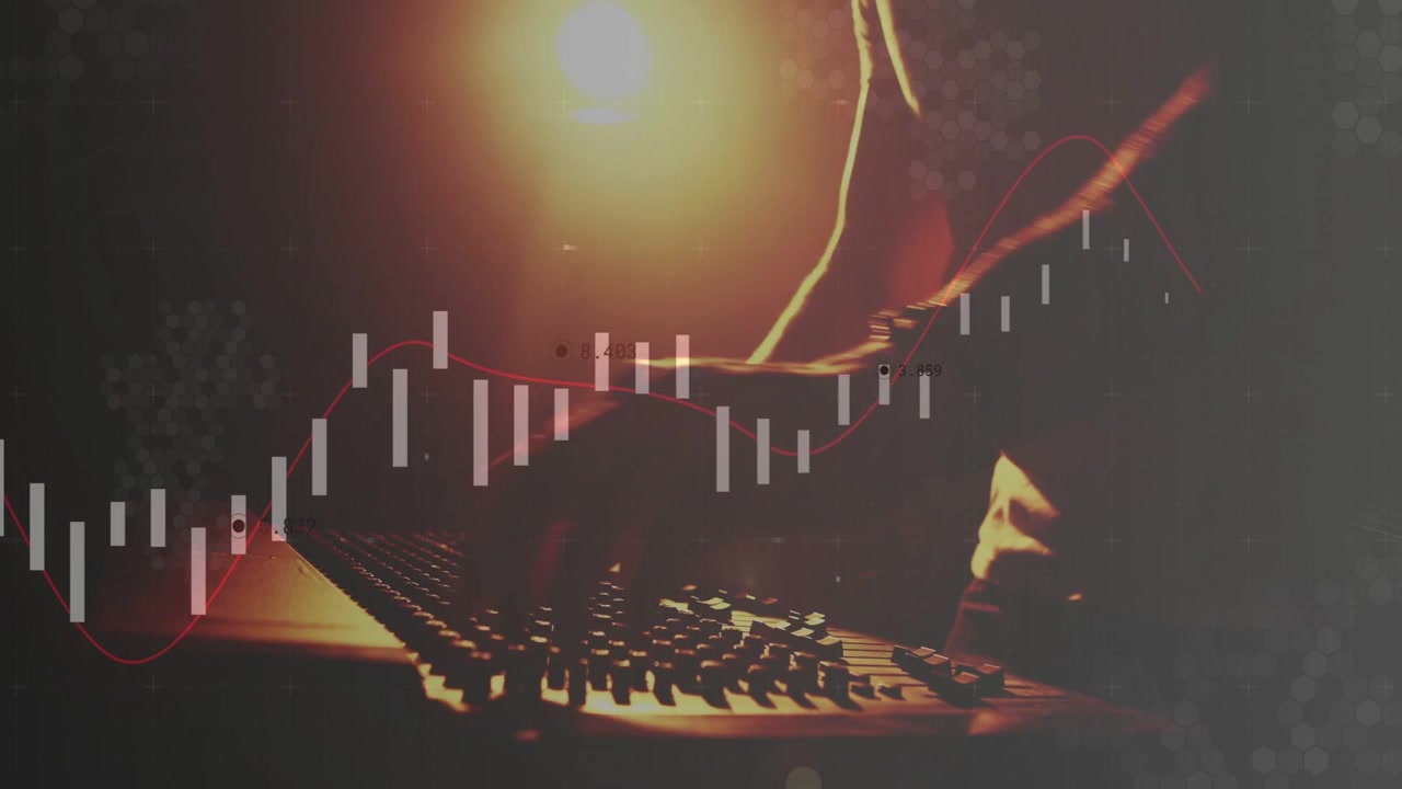 Male audio operator touching faders, adjusting knobs, animated waveform sweeping levels during mix