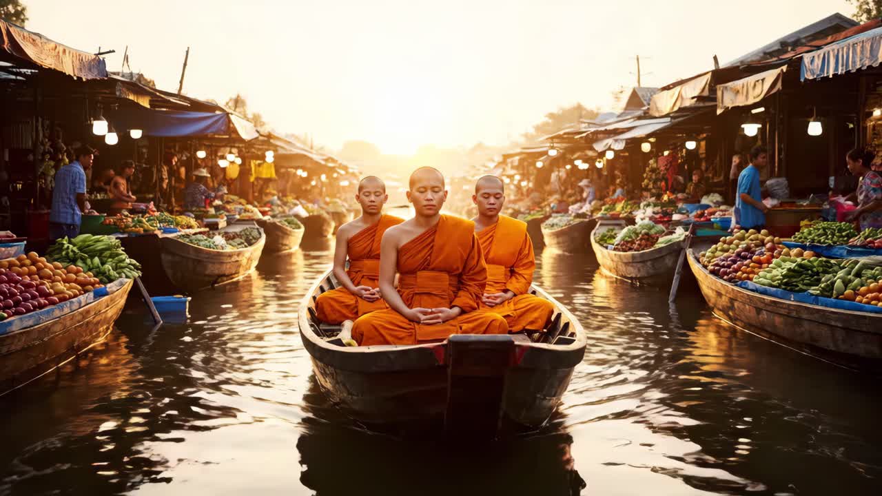 Monks Meditating in a Boat at a Floating Market