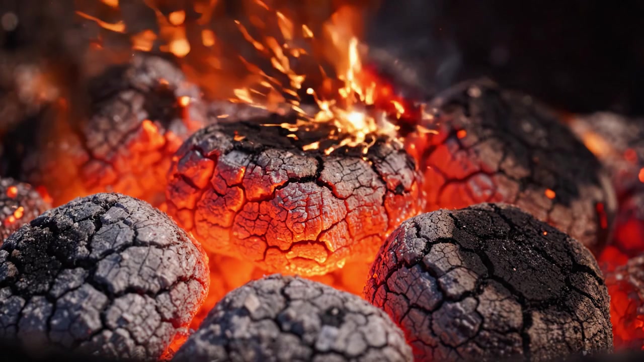 Primo Piano di Bricchette di Carbone Ardenti in un Fuoco, Mostrando la Consistenza e il Calore Emesso dai Carboni Accesi, Ideale per gli Appassionati di Barbecue e Grigliate