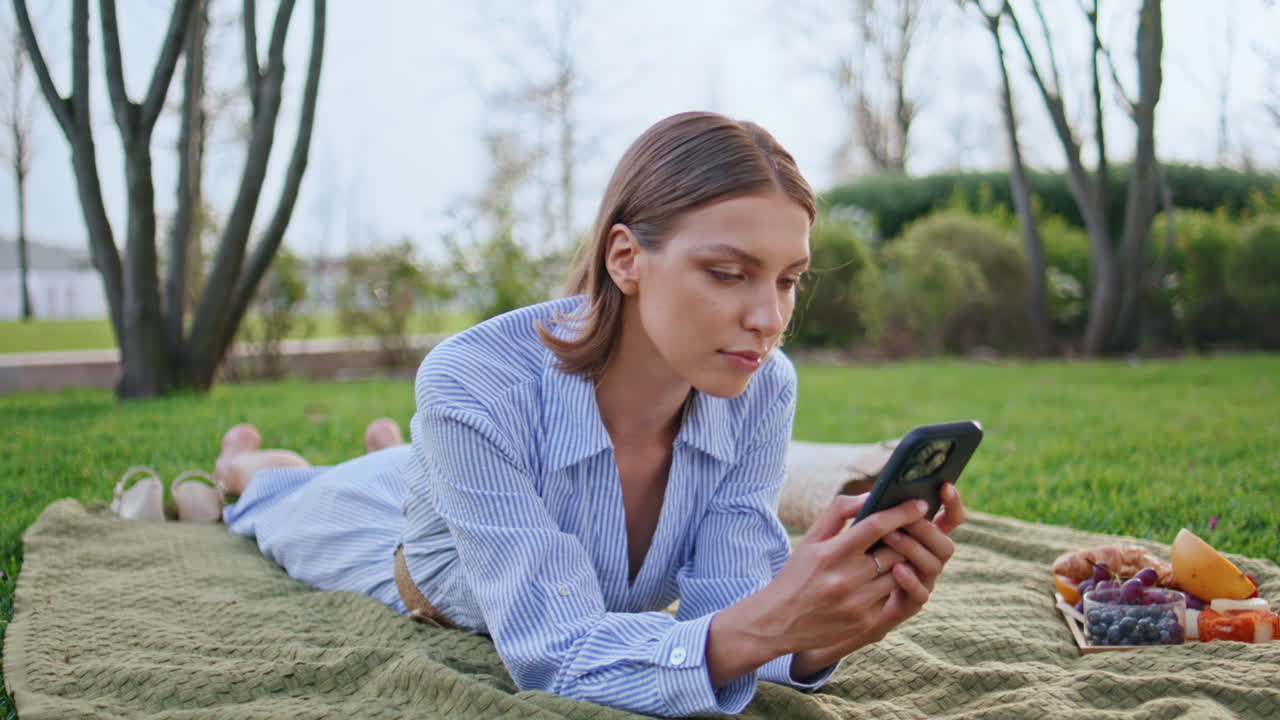 Relaxed girl texting picnic blanket at green park closeup. Brunette messaging