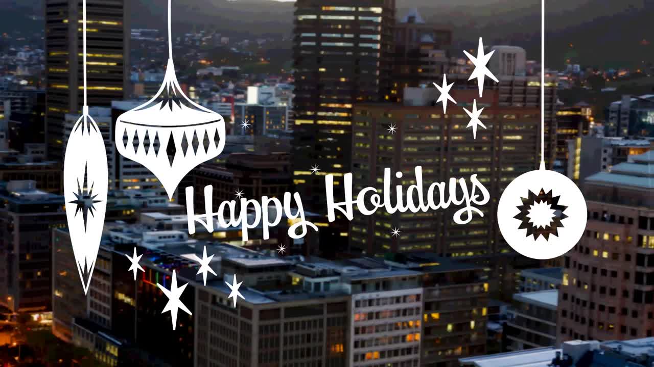 도시 풍경 위에 행복한 휴일 텍스트의 애니메이션