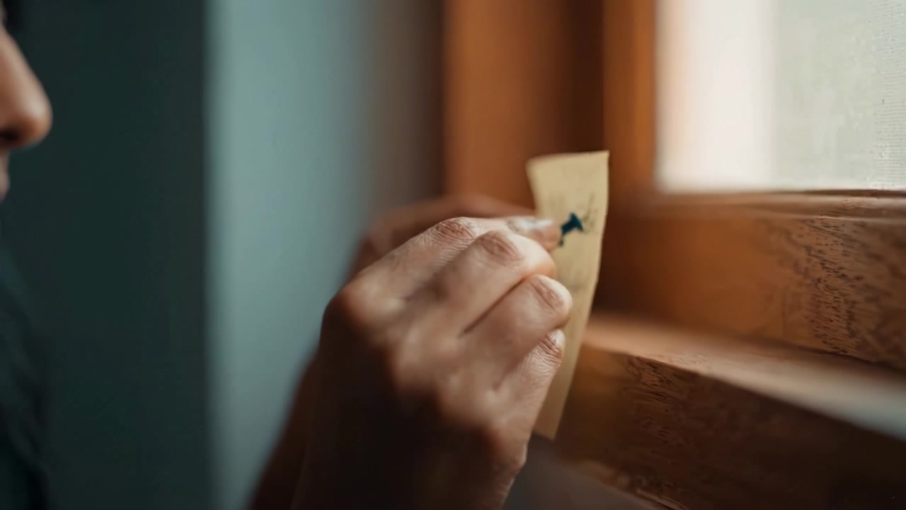 A close-up view of a person reflecting thoughtfully while gazing at a note pinned to a window, symbolizing contemplation and emotional connection with written thoughts.