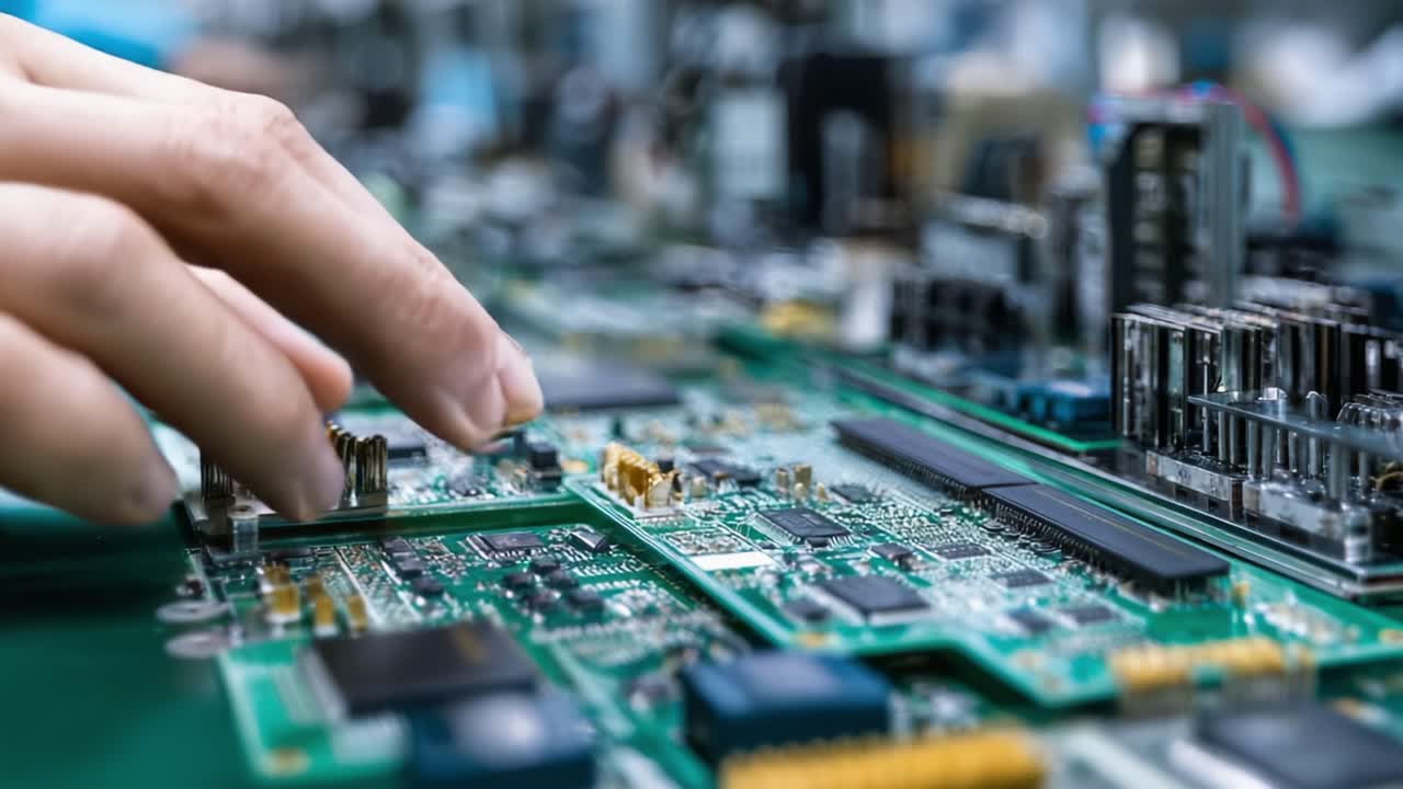 Närbild på tekniker som monterar ett elektroniskt kretskort, vilket visar precisionen i modern teknologimontering och komponentplaceringsprocesser.
