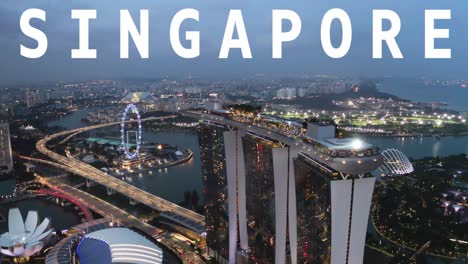 Drohnenaufnahme-Der-Skyline-Und-Des-Hafenviertels-In-Der-Abenddämmerung,-überlagert-Mit-Einer-Animierten-Grafik,-Die-„Singapur-1“-Darstellt