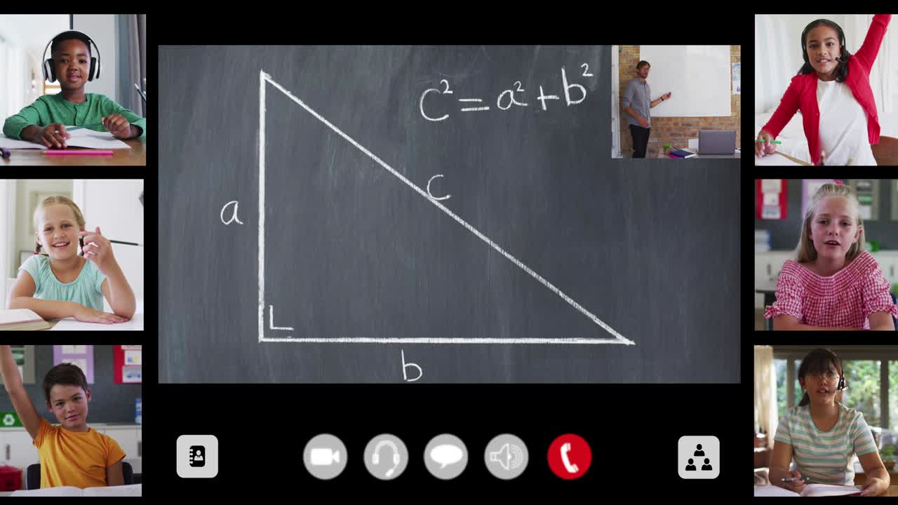 Animation of interface screen with chalkboard, teacher and six diverse children in online lesson