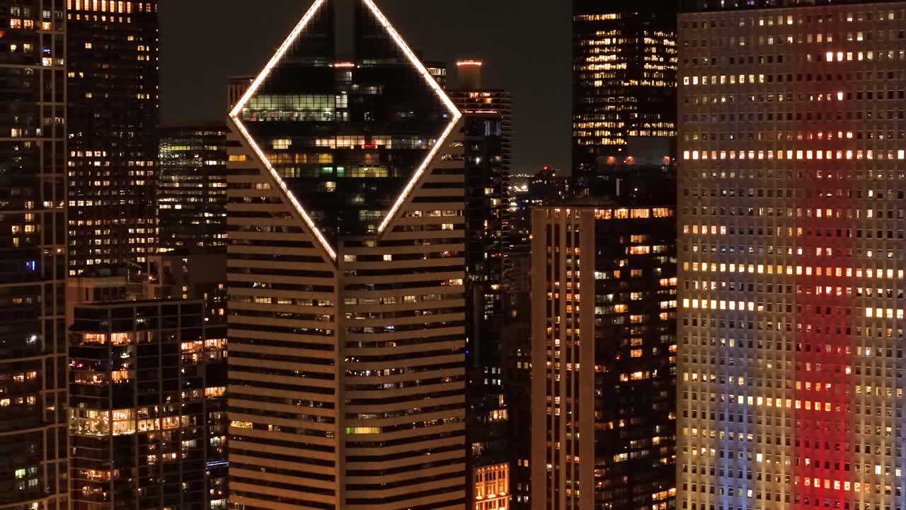 Chicago USA Downtown at Night. Aerial View of Lights in Modern Office Buildings in Financial District
