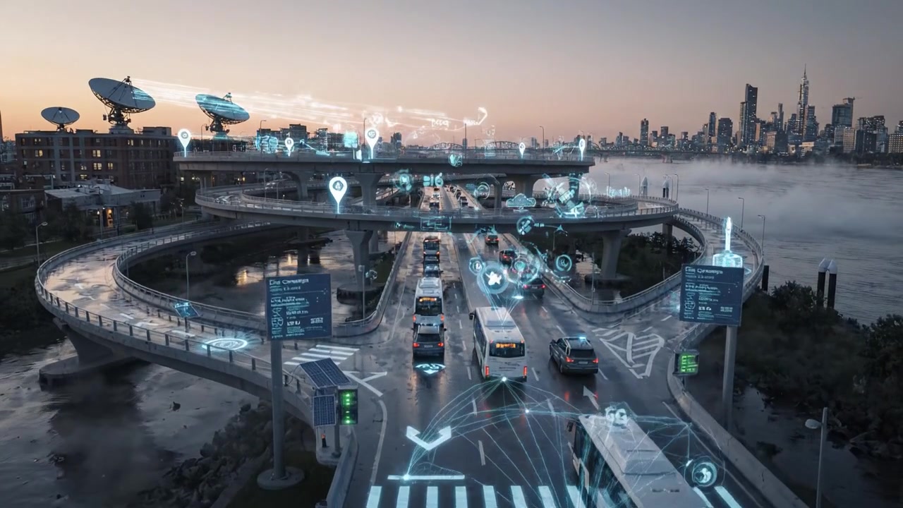 Infrastruttura urbana futuristica con elementi digitali al tramonto, che mostra pedoni su un attraversamento pedonale circondati da veicoli e tecnologia avanzata sullo sfondo.