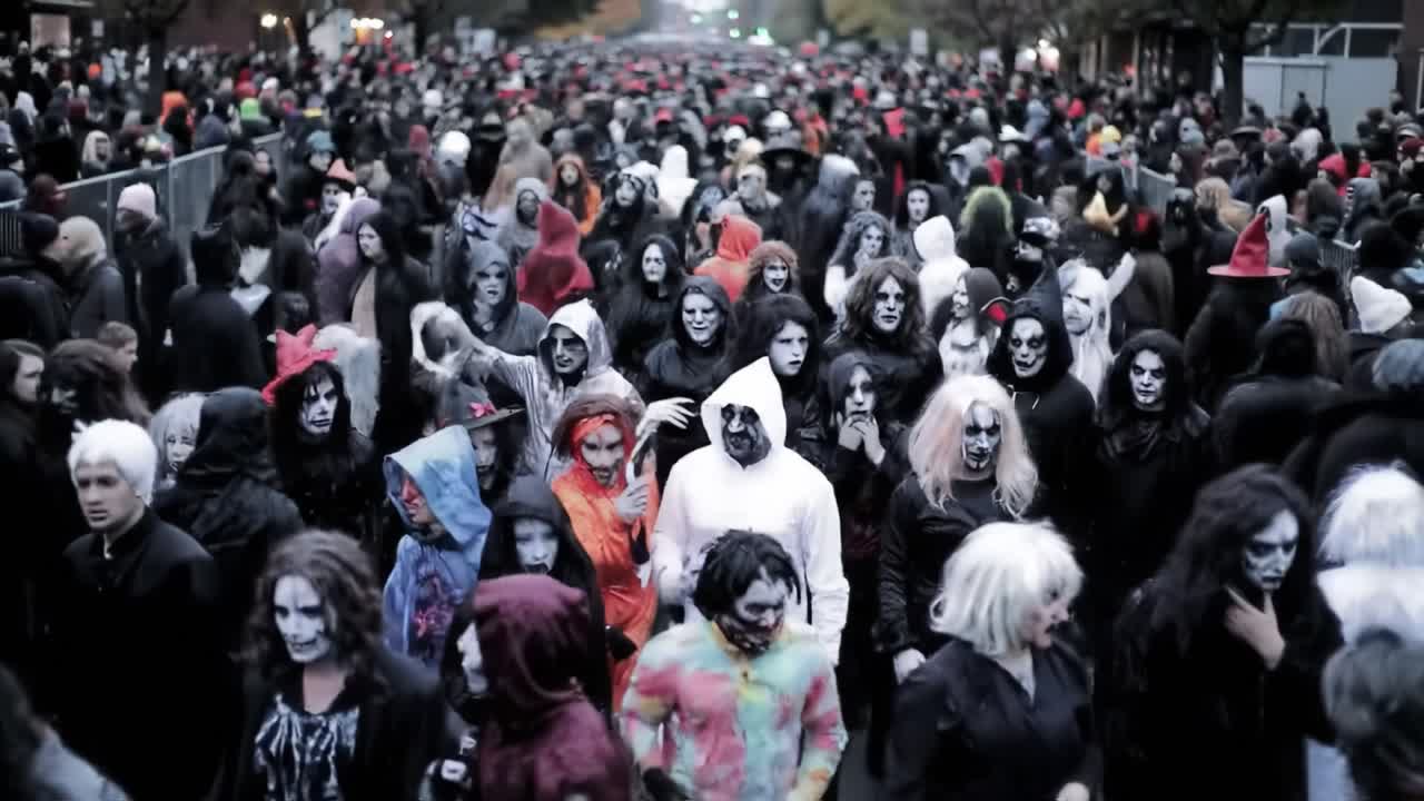 A large crowd gathered in the city street for a Halloween celebration, featuring individuals in elaborate costumes and face paint.